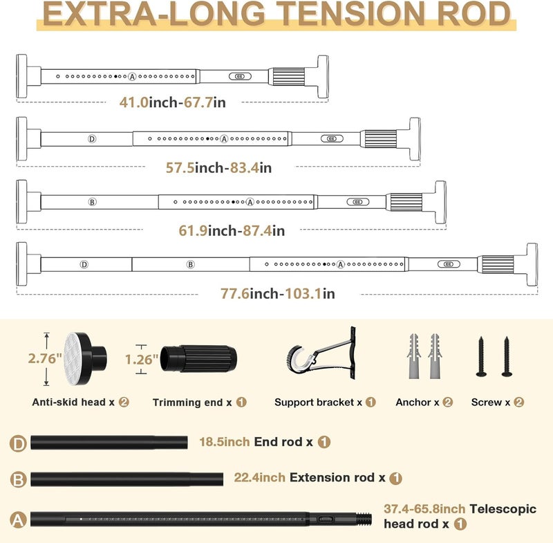 ZipGlo Black Tension Curtain Rod 41-100In(4-8Ft), Outdoor Curtain Rod No Drilling for Window or Bathroom Patio, Adjustable Spring Shower Rod,Rod Diameter 1.26In-One-bond stretching - Image 2
